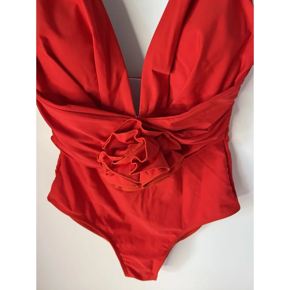 NWT B2Prity‎ Red One Piece Swimsuit Deep V Neck 3D Flower Detail